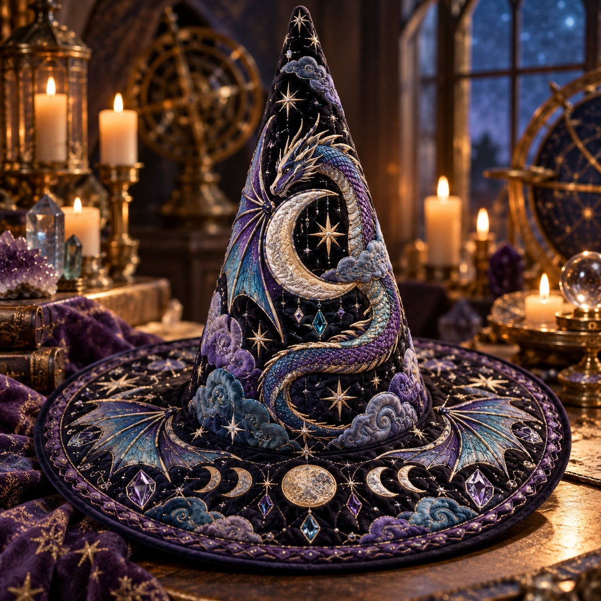 Moon Dragon Quilted Witch Hat – Celestial Crescent Fantasy Wide Brim Hat – on an altar table