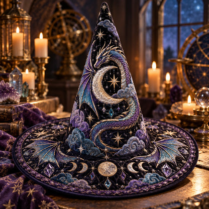 Moon Dragon Quilted Witch Hat – Celestial Crescent Fantasy Wide Brim Hat – on an altar table