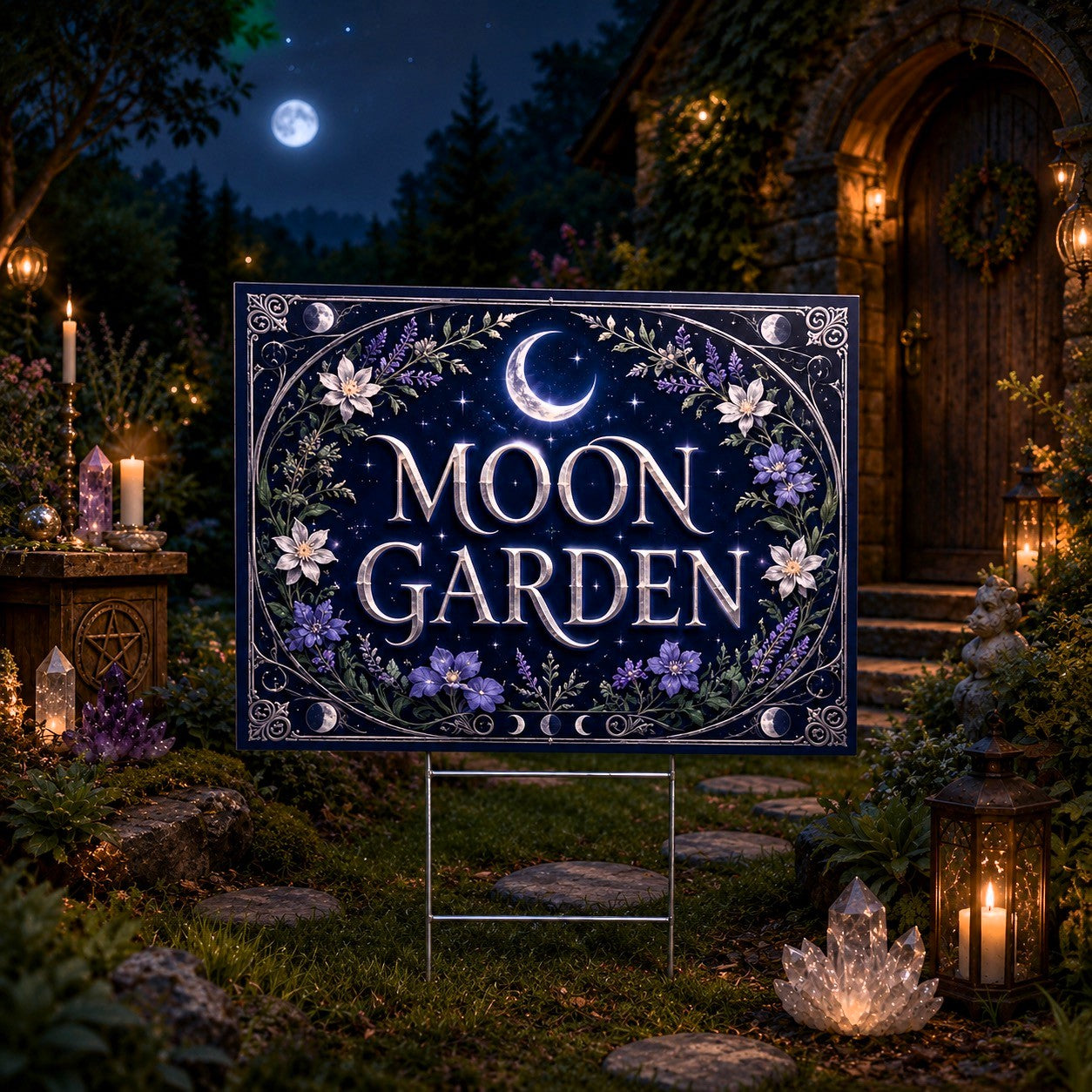Moon Garden Crescent Moon Flowers Wicca Yard Sign - porch scene