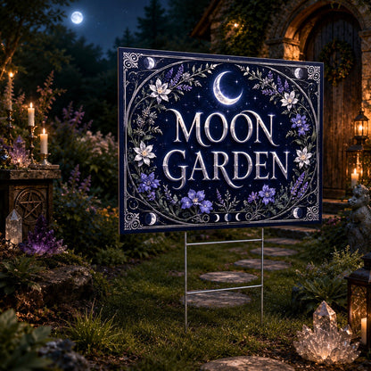 Moon Garden Crescent Moon Flowers Wicca Yard Sign - close up detail
