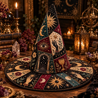Moon Gate Quilted Witch Hat – Celestial Divination Occult Brim Hat – styled with candles and crystals