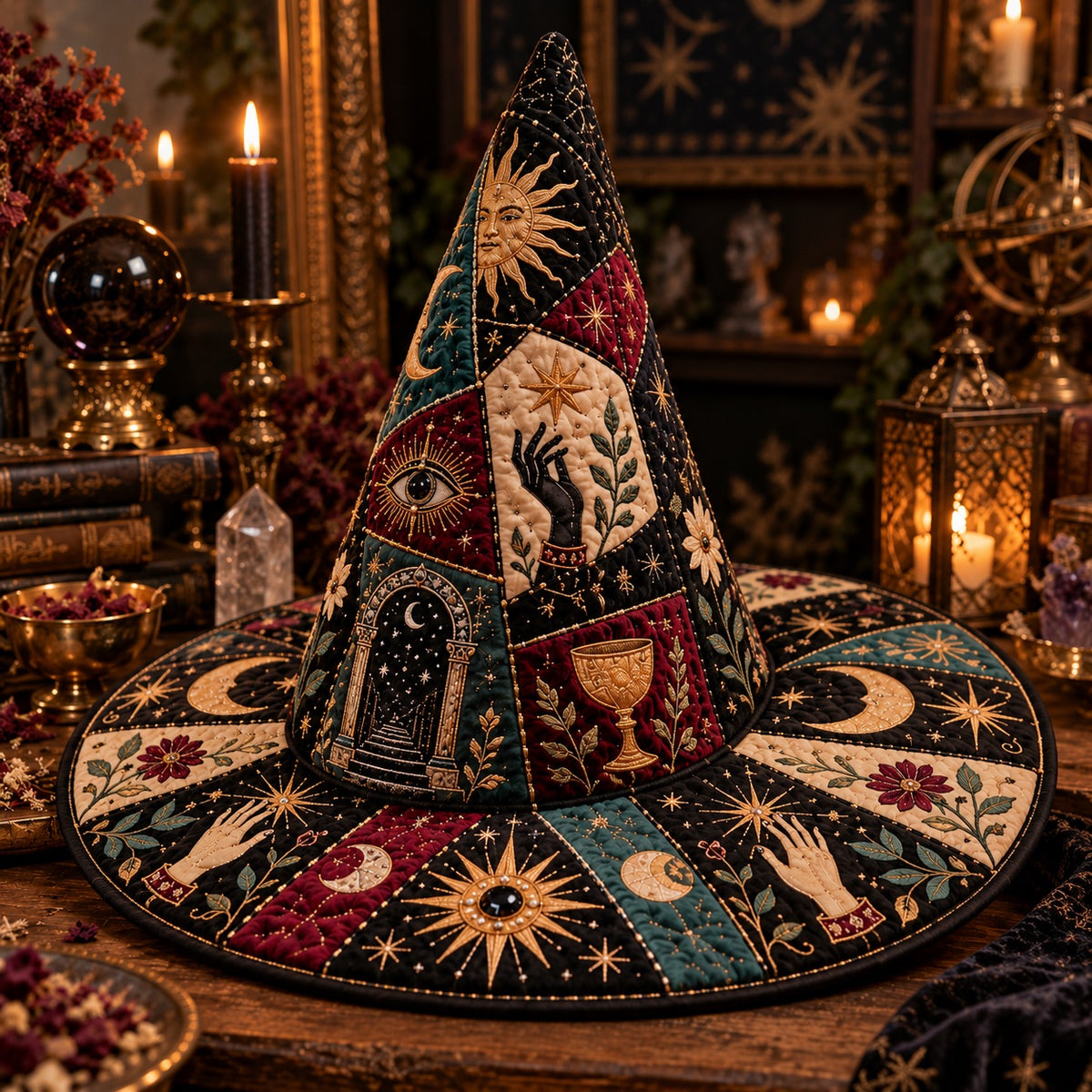 Moon Gate Quilted Witch Hat – Celestial Divination Occult Brim Hat – styled with candles and crystals