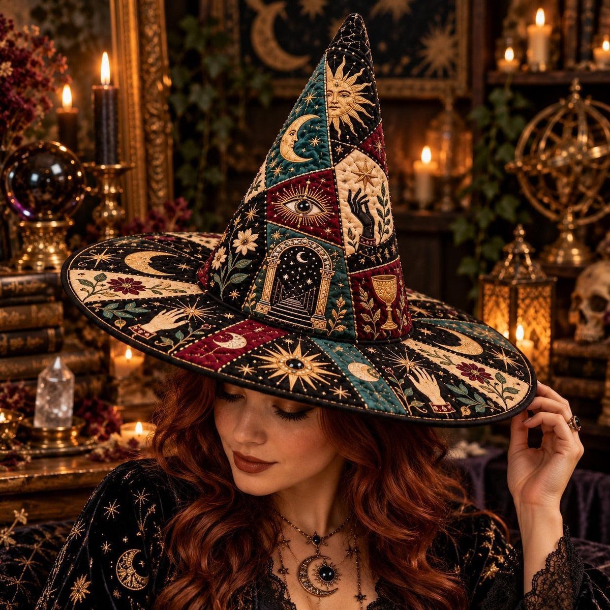 Moon Gate Quilted Witch Hat – Celestial Divination Occult Brim Hat – worn by a model