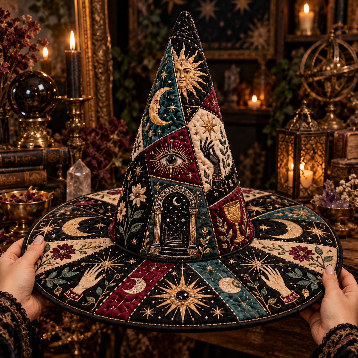 Moon Gate Quilted Witch Hat – Celestial Divination Occult Brim Hat – held in both hands