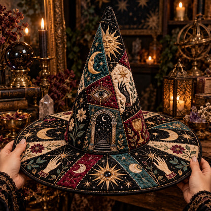 Moon Gate Quilted Witch Hat – Celestial Divination Occult Brim Hat – held in both hands