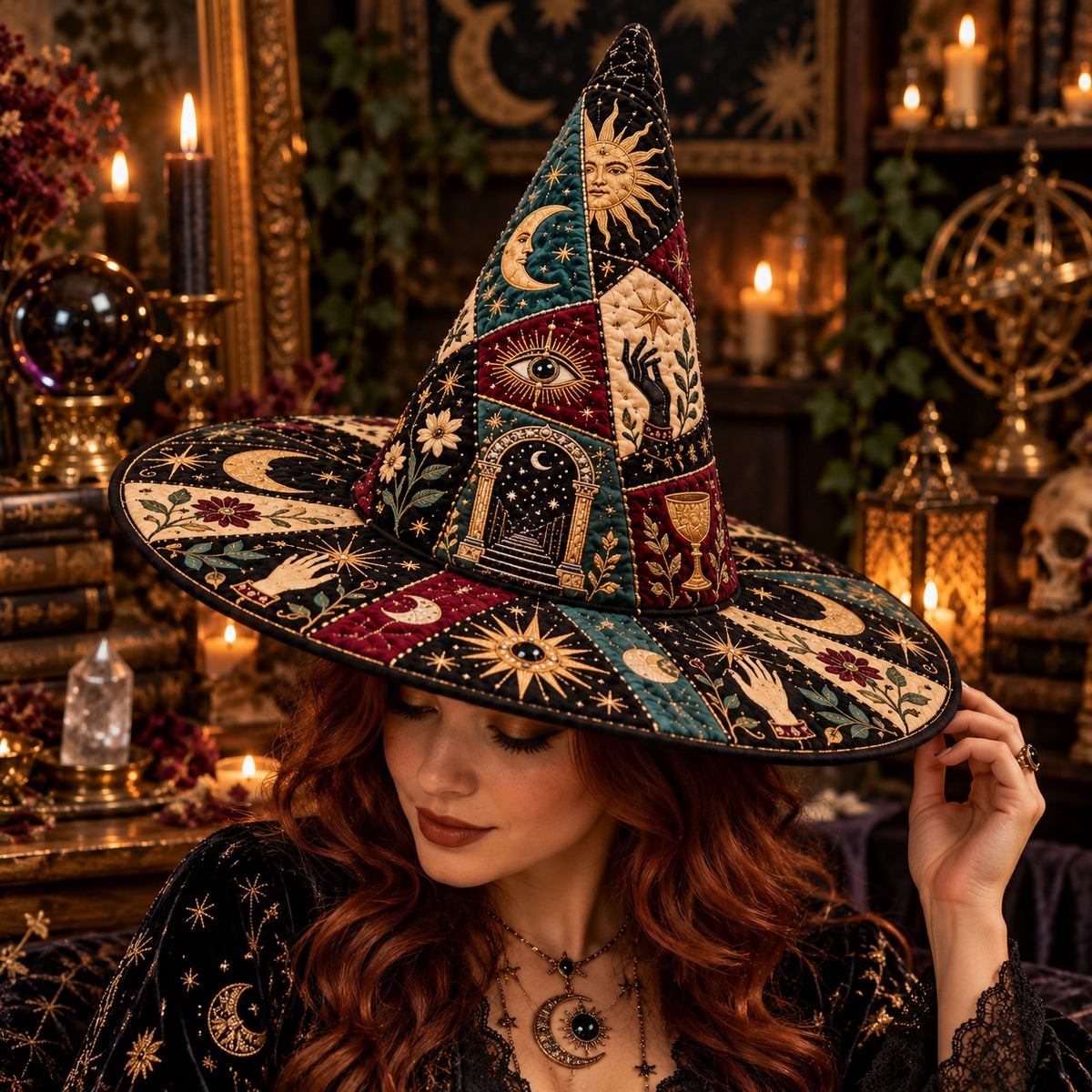 Moon Gate Quilted Witch Hat – Celestial Divination Occult Brim Hat – worn by a model