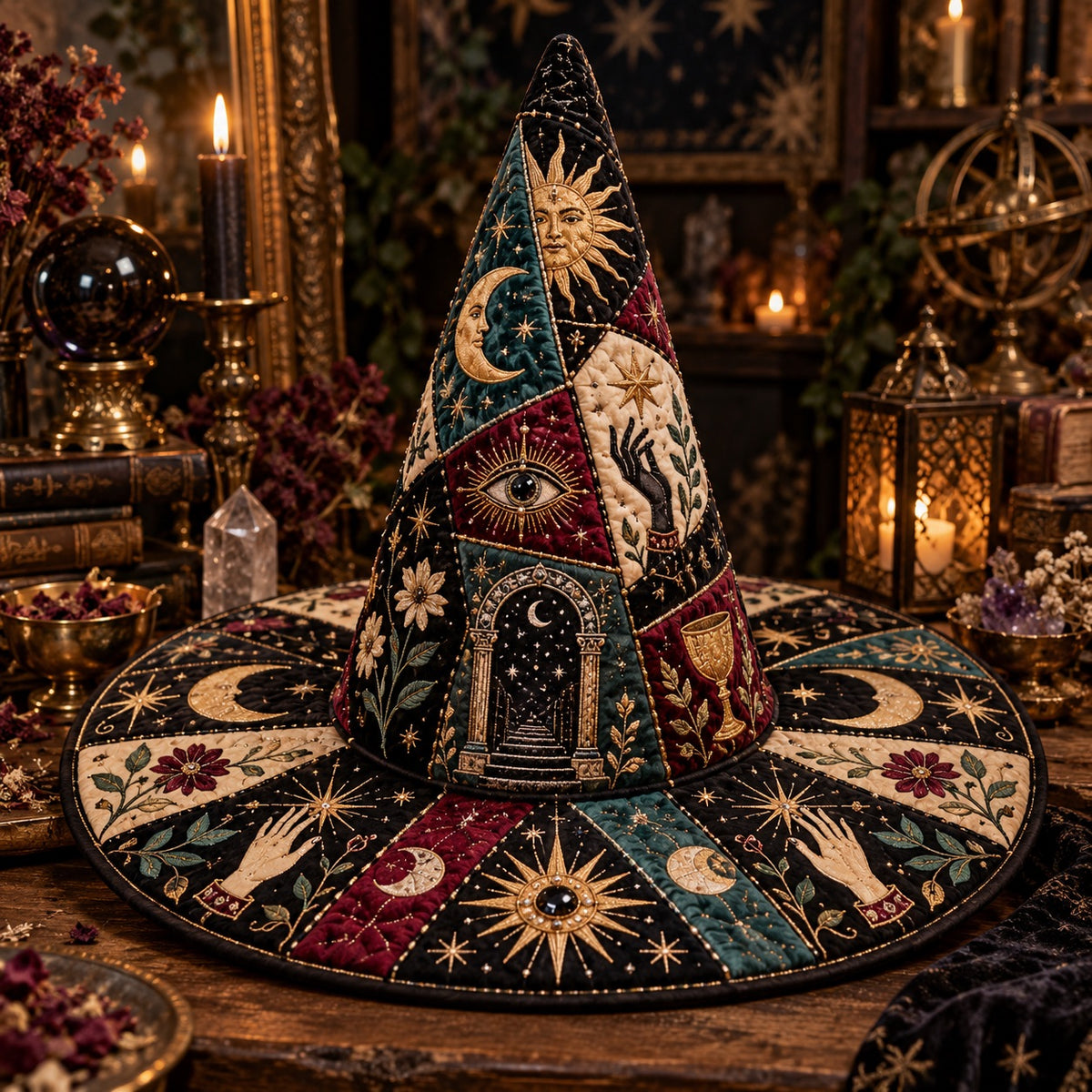 Moon Gate Quilted Witch Hat – Celestial Divination Occult Brim Hat – styled with candles and crystals