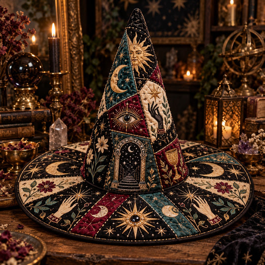 Moon Gate Quilted Witch Hat – Celestial Divination Occult Brim Hat – styled with candles and crystals