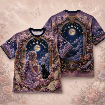 Moon Goddess Black Cat T-Shirt Pink Rose Arch Pastel Witch Tee front and back together