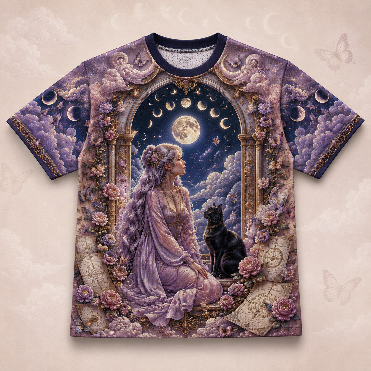 Moon Goddess Black Cat T-Shirt Pink Rose Arch Pastel Witch Tee front view