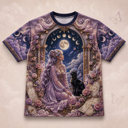 Moon Goddess Black Cat T-Shirt Pink Rose Arch Pastel Witch Tee front view