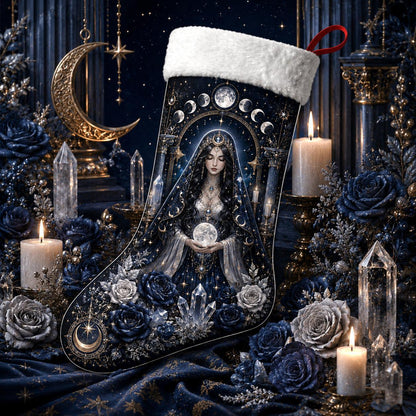 Moon Goddess Christmas Stocking Blue Rose Wiccan Selene Decor, styled shot 2