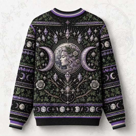 Moon Goddess Sweater Crystal Candle Triple Moon Purple Knit back view
