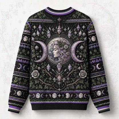 Moon Goddess Sweater Crystal Candle Triple Moon Purple Knit back view