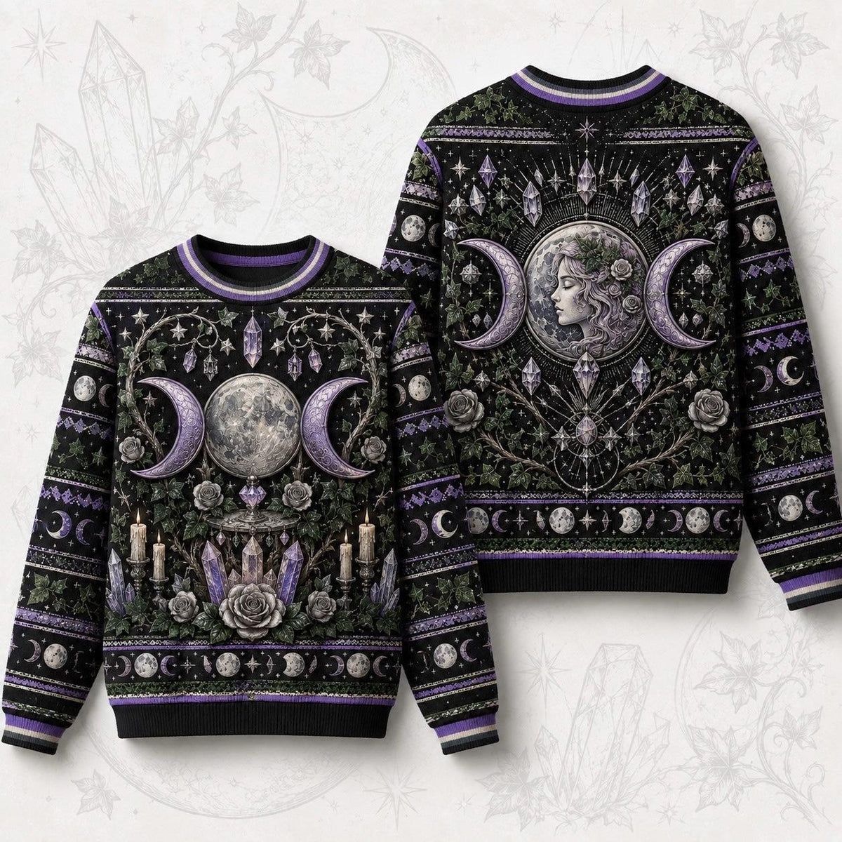 Moon Goddess Sweater Crystal Candle Triple Moon Purple Knit front and back together