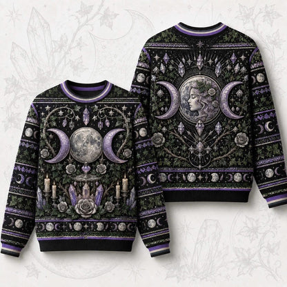 Moon Goddess Sweater Crystal Candle Triple Moon Purple Knit front and back together