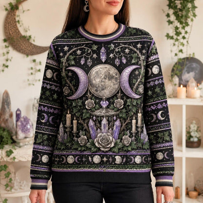 Moon Goddess Sweater Crystal Candle Triple Moon Purple Knit worn, front view