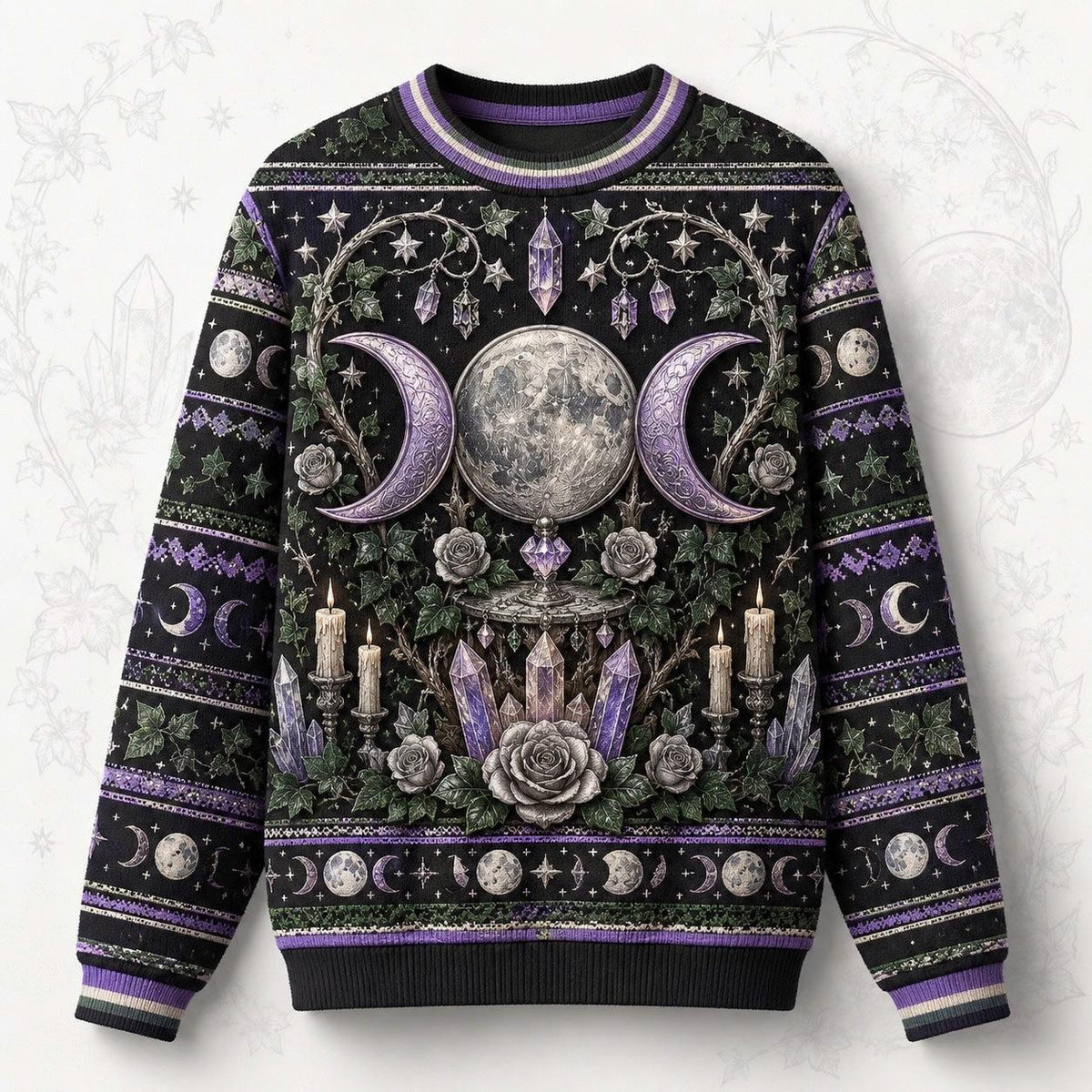 Moon Goddess Sweater Crystal Candle Triple Moon Purple Knit front view