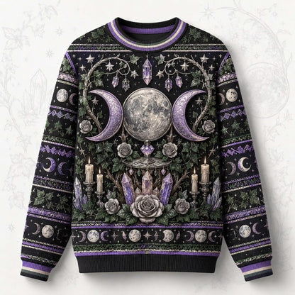 Moon Goddess Sweater Crystal Candle Triple Moon Purple Knit front view