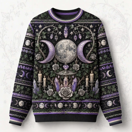 Moon Goddess Sweater Crystal Candle Triple Moon Purple Knit front view