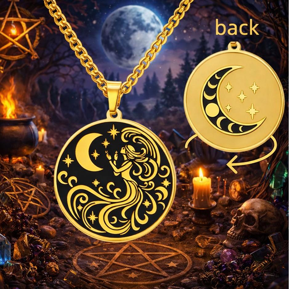 Moon Goddess Necklace Wicca Pagan Jewelry - Moon Phases Goddess of Night Pendant Double-sided-MoonChildWorld