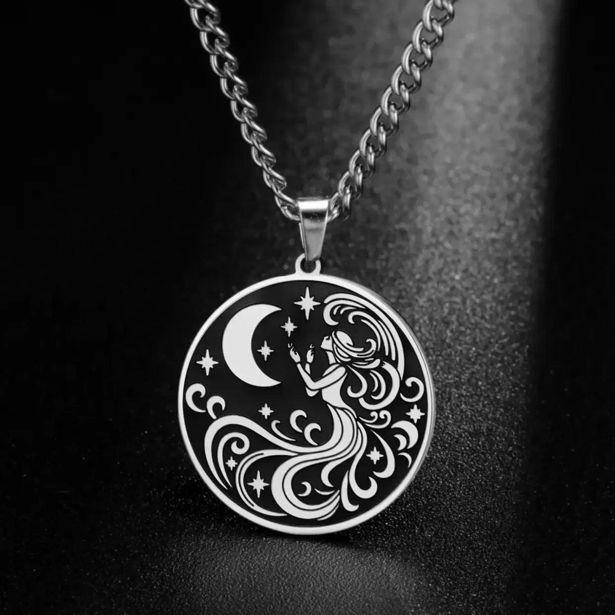 Moon Goddess Necklace Wicca Pagan Jewelry - Moon Phases Goddess of Night Pendant Double-sided-MoonChildWorld