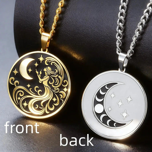 Moon Goddess Necklace Wicca Pagan Jewelry - Moon Phases Goddess of Night Pendant Double-sided-MoonChildWorld