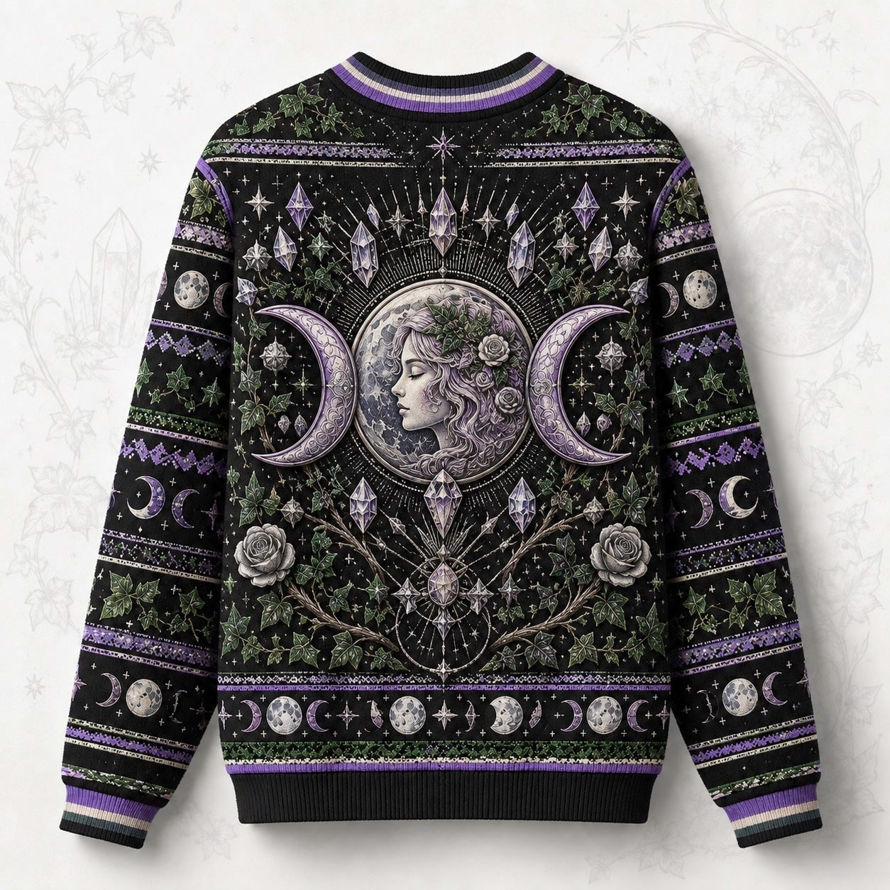 Moon Goddess Sweater Crystal Candle Triple Moon Purple Knit back view