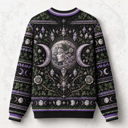 Moon Goddess Sweater Crystal Candle Triple Moon Purple Knit back view