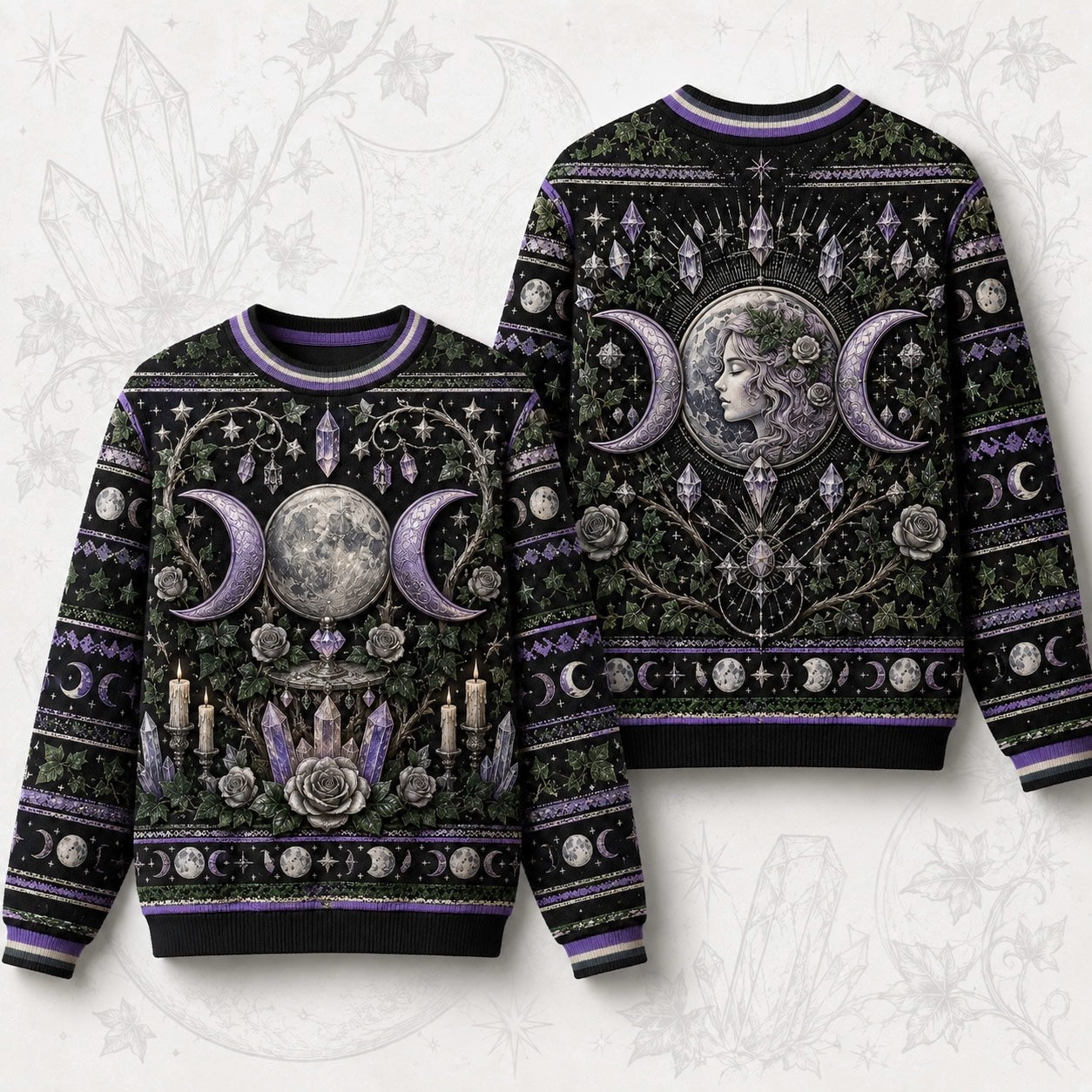 Moon Goddess Sweater Crystal Candle Triple Moon Purple Knit front and back together