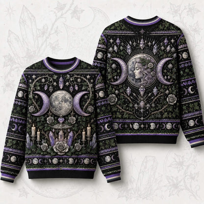 Moon Goddess Sweater Crystal Candle Triple Moon Purple Knit front and back together