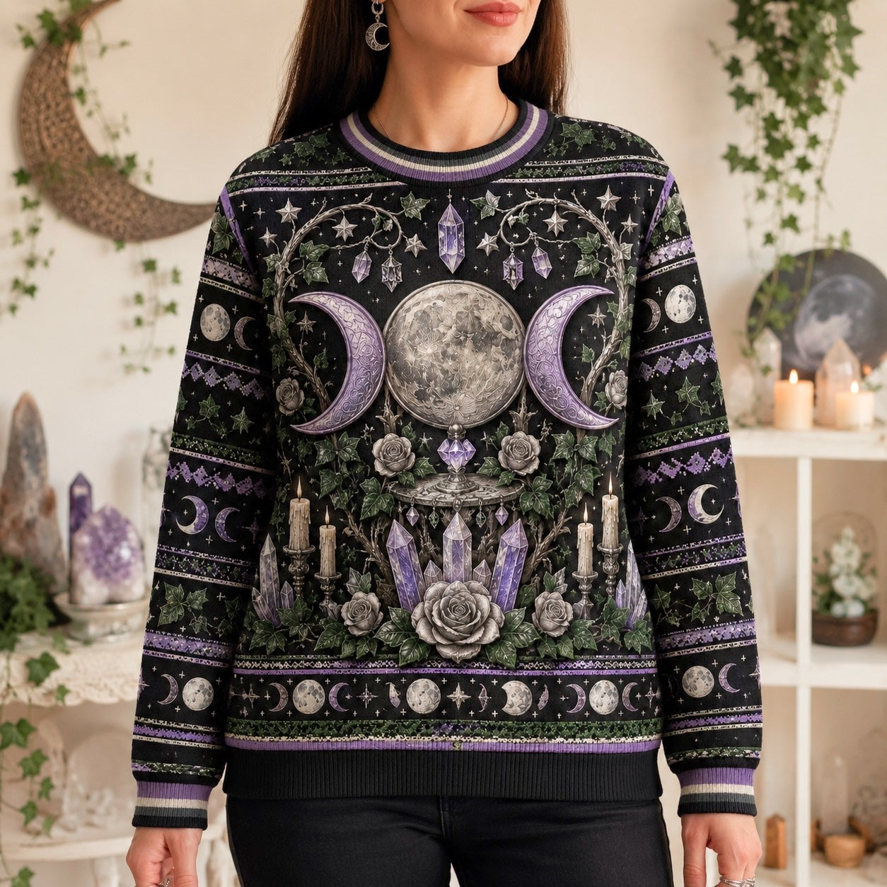 Moon Goddess Sweater Crystal Candle Triple Moon Purple Knit worn, front view
