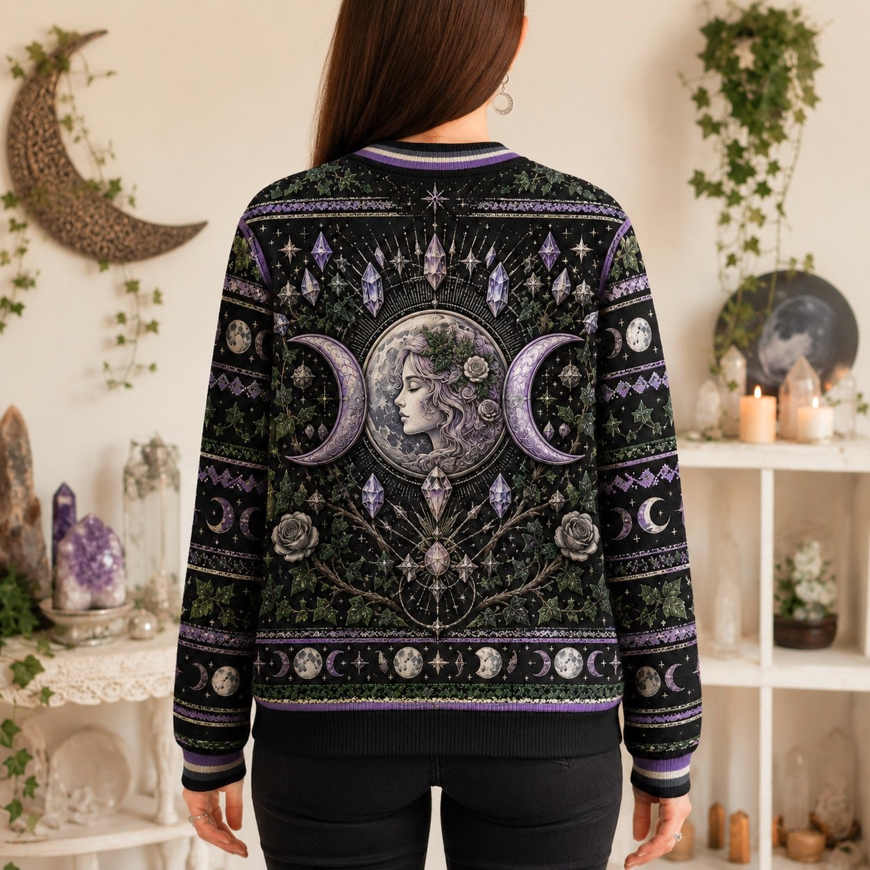 Moon Goddess Sweater Crystal Candle Triple Moon Purple Knit worn, back view