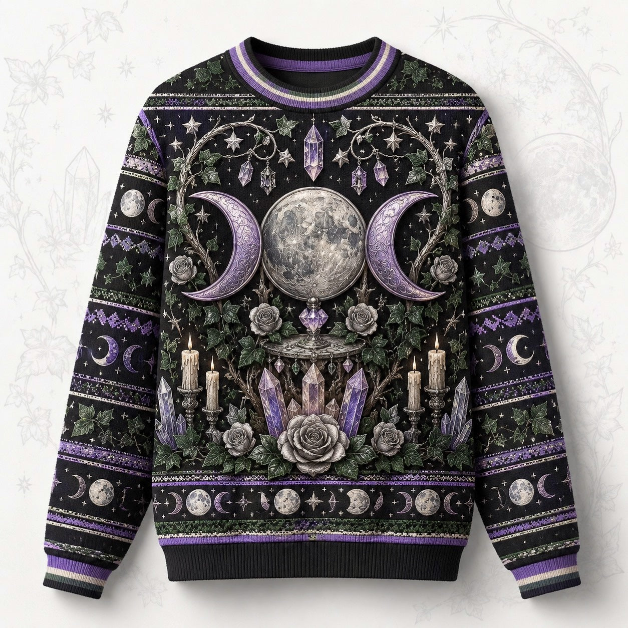 Moon Goddess Sweater Crystal Candle Triple Moon Purple Knit front view