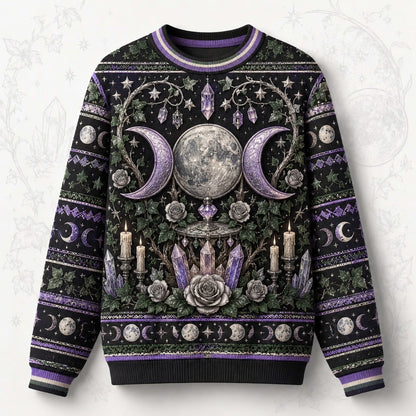 Moon Goddess Sweater Crystal Candle Triple Moon Purple Knit front view
