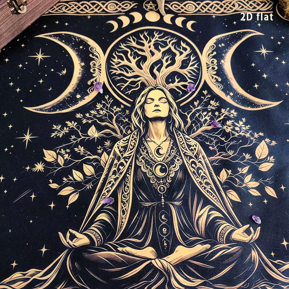 A dark navy blue fabric tapestry or wall hanging featuring a detailed celestial design. The central figure is a meditating woman in ornate robes, surrounded by a large tree of life with moon phases, stars, and crescent moons in a gold-toned print.