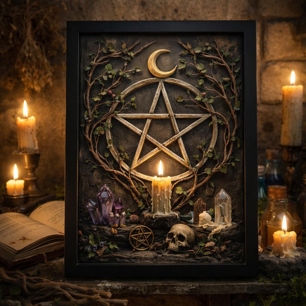 Moon Gothic Pentacle Pagan Canvas Wall Art - Wicca Black Framed Art Print for Witchy Wall Decor-MoonChildWorld