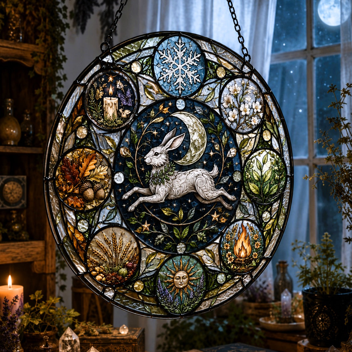 Moon Hare Wheel of the Year Glass Suncatcher - hanging view