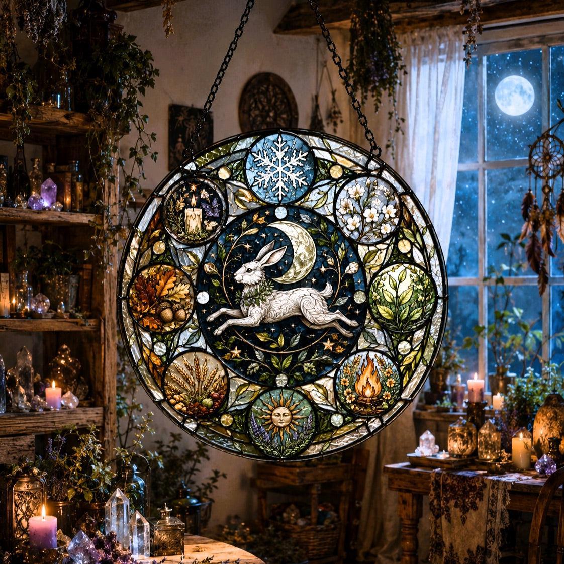 Moon Hare Wheel of the Year Glass Suncatcher - sunlight glow