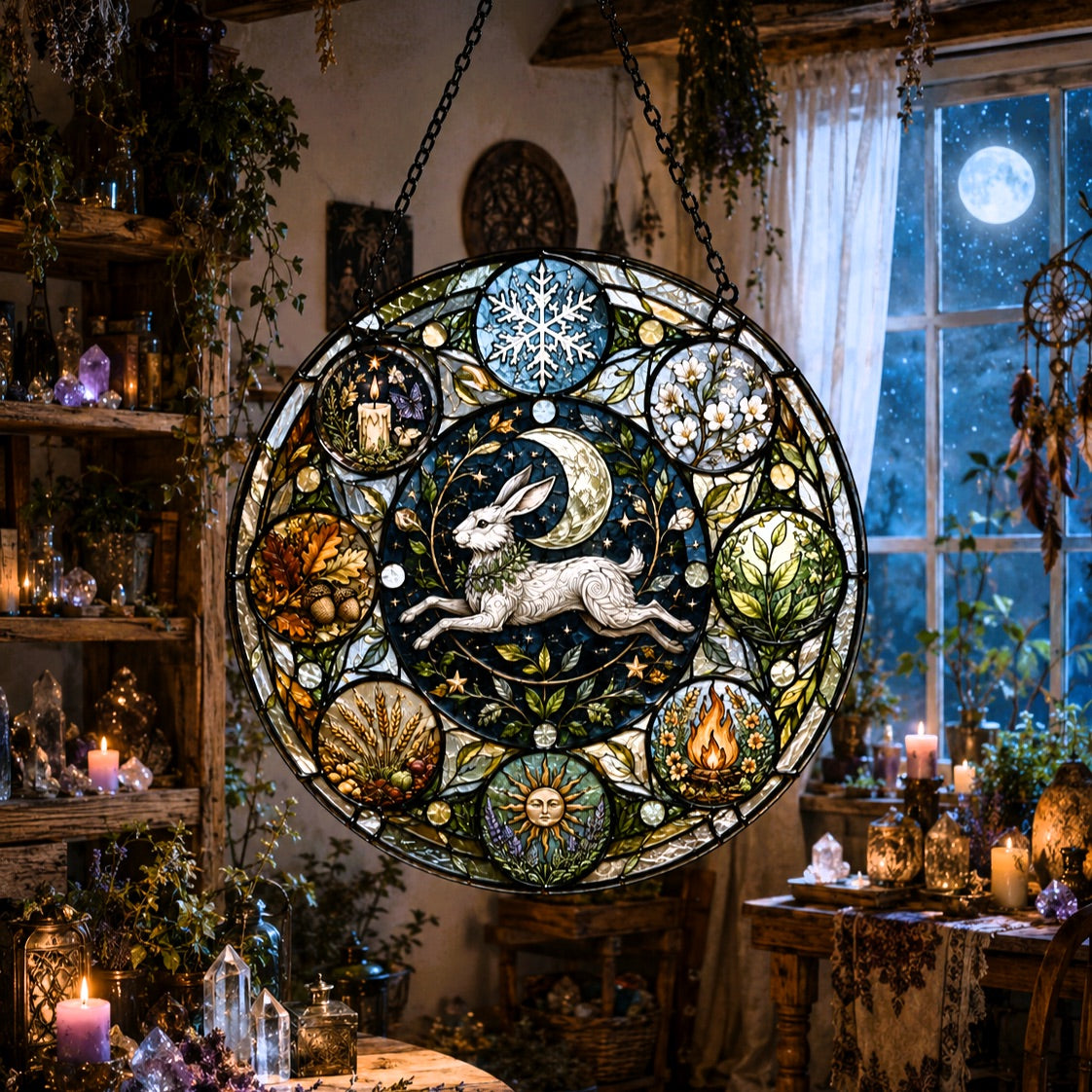 Moon Hare Wheel of the Year Glass Suncatcher - sunlight glow