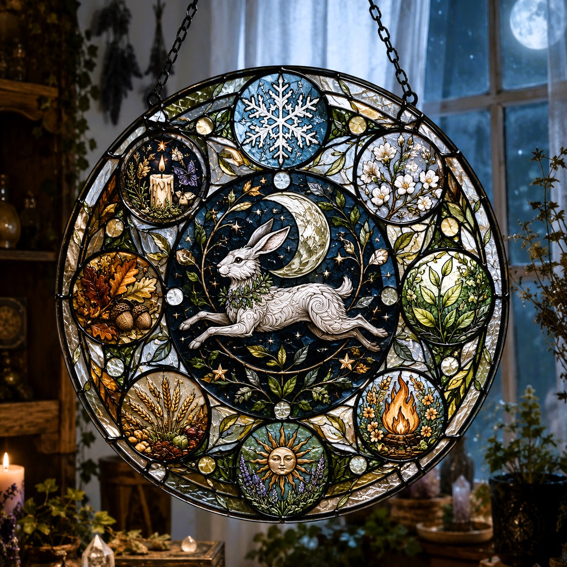 Moon Hare Wheel of the Year Glass Suncatcher - window display