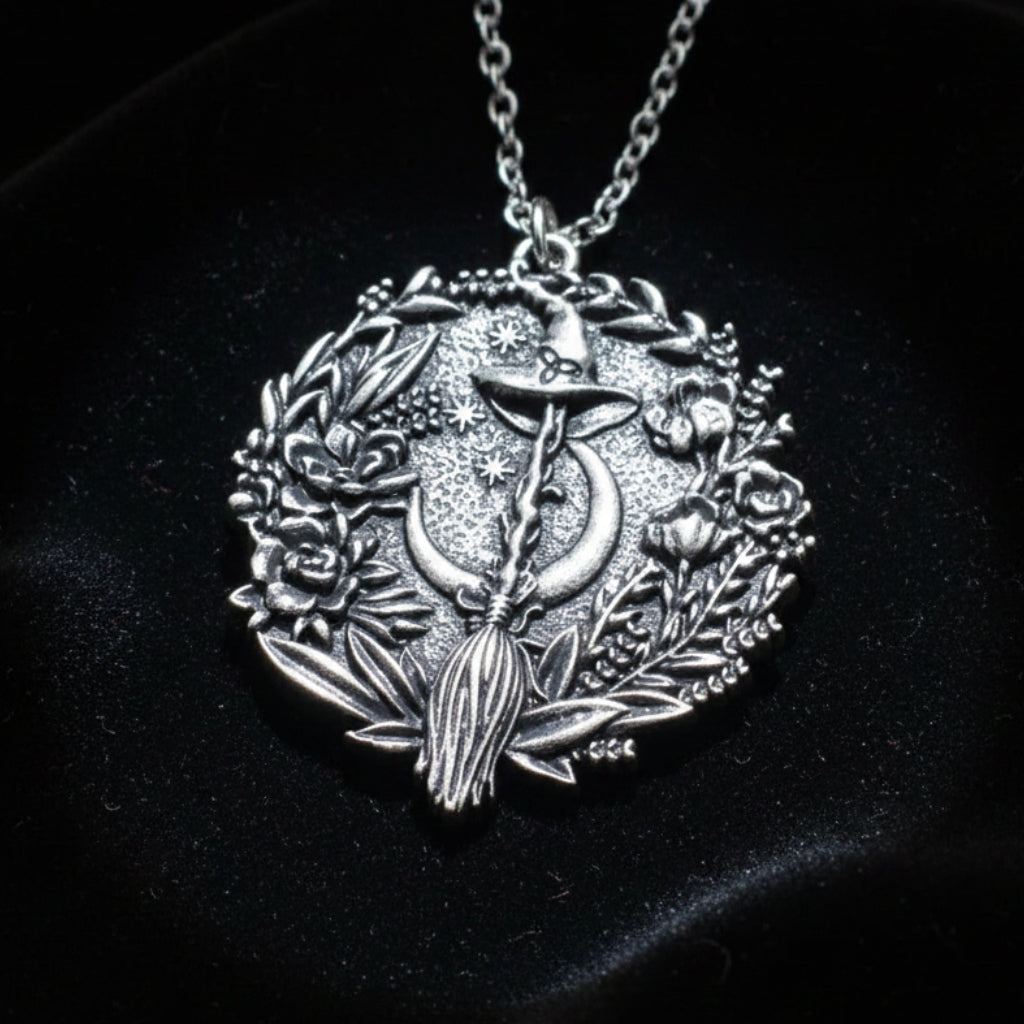 Moon Hat Broom Witch Halloween Necklace-MoonChildWorld