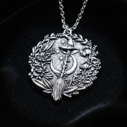 Moon Hat Broom Witch Halloween Necklace-MoonChildWorld