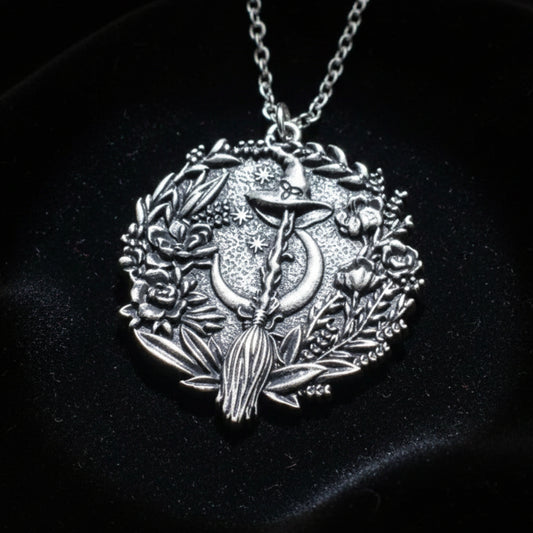Moon Hat Broom Witch Halloween Necklace-MoonChildWorld