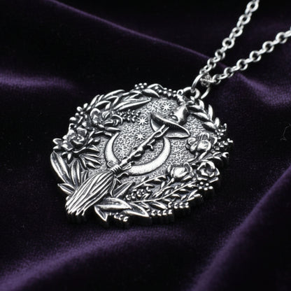 Moon Hat Broom Witch Halloween Necklace-MoonChildWorld