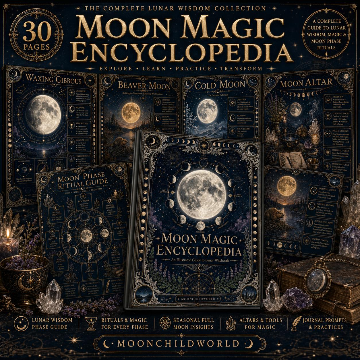 Midnight blue and gold Moon Magic grimoire pages featuring lunar phase illustrations, ritual guides, and mystical symbols.