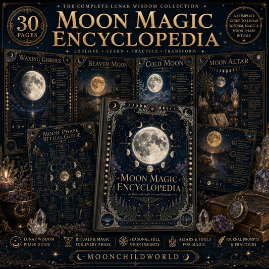 Midnight blue and gold Moon Magic grimoire pages featuring lunar phase illustrations, ritual guides, and mystical symbols.