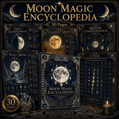 Antique grimoire-style Moon Magic pages in midnight blue and gold, featuring lunar phases, rituals, and charts for a Book of Shadows.