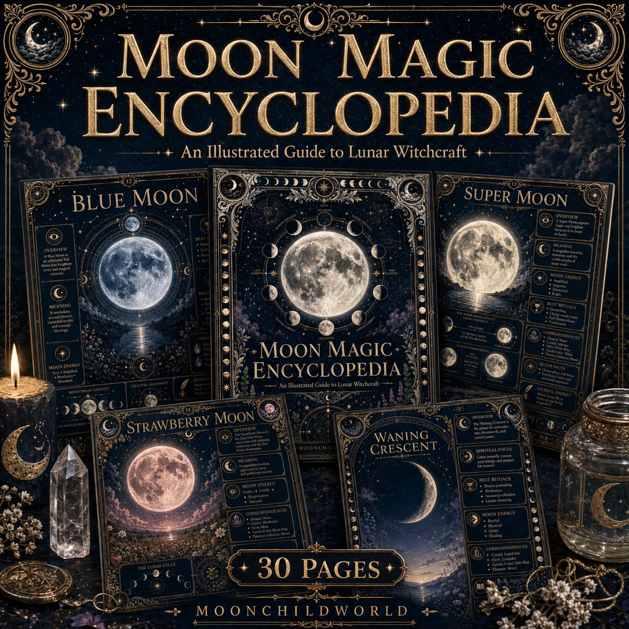 Printable Moon Magic grimoire pages featuring midnight blue and gold antique illustrations of lunar phases and rituals.