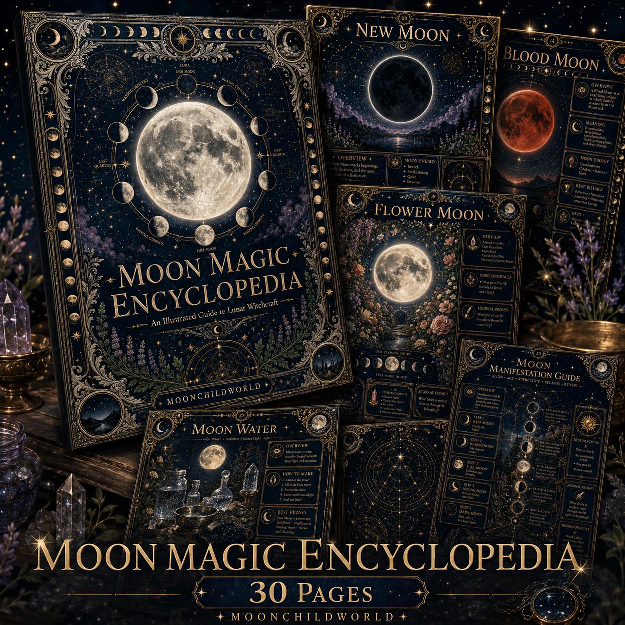 Printable Moon Magic grimoire pages featuring antique gold illustrations and celestial designs on a deep midnight blue background.